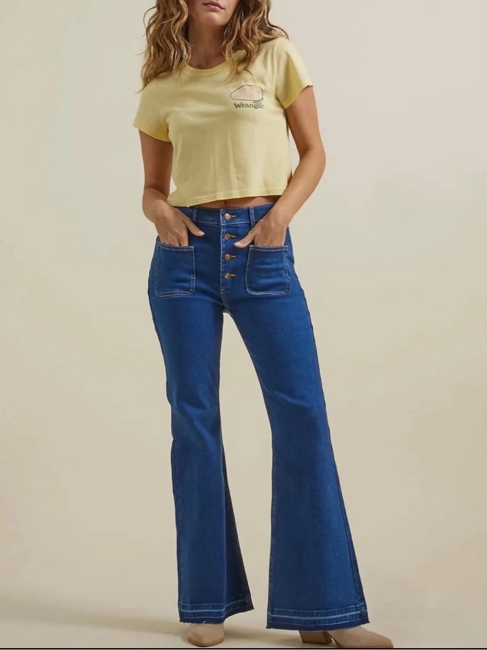 Wrangler Women's 30x32 High Rise Fierce Flare Denim Jeans Button Front Wide Leg